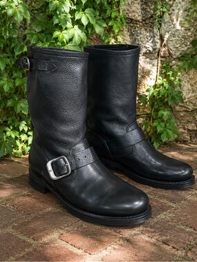 FRYE Veronica Flex Short Black Leather Moto Boots, 7.5B
